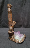 Driftwood Candle Holder with Amethyst Cluster and Sculpted Mushrooms