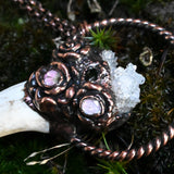 Deer Antler Copper Pendant with Crystal Cluster and Tourmaline