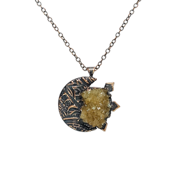 Citrine Druzy Sun and Embossed Crescent Moon Pendent