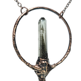 Broom Pendant with Black Kyanite Fan and Garden Quartz Point