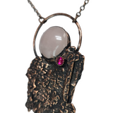 Apple Tree Bark Copper Pendant with Rose Quartz and Lab Created Ruby