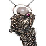 Apple Tree Bark Copper Pendant with Rose Quartz and Lab Created Ruby