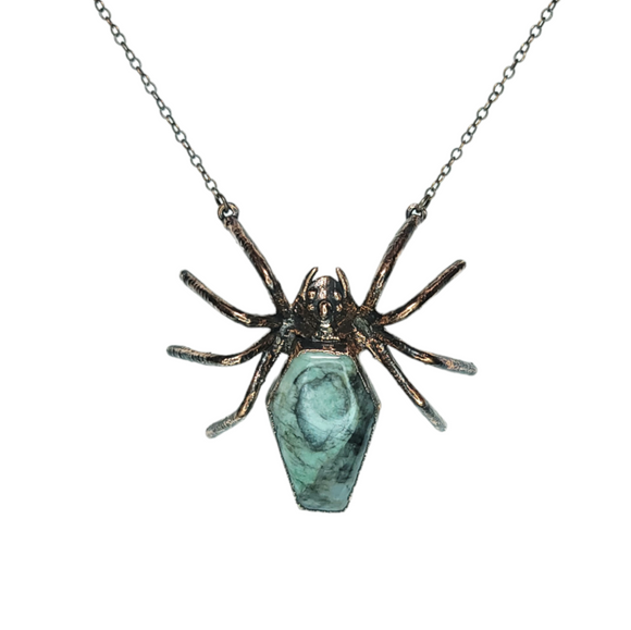 Large Copper Spider Pendant with Emerald Coffin Body