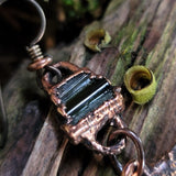 Apple Tree Bark Copper Dangle Earrings with Raw Pencil Tourmaline