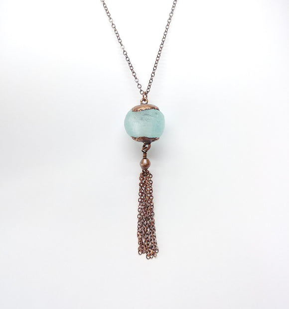 African Recycled Glass Bead with Tassel Copper Pendant