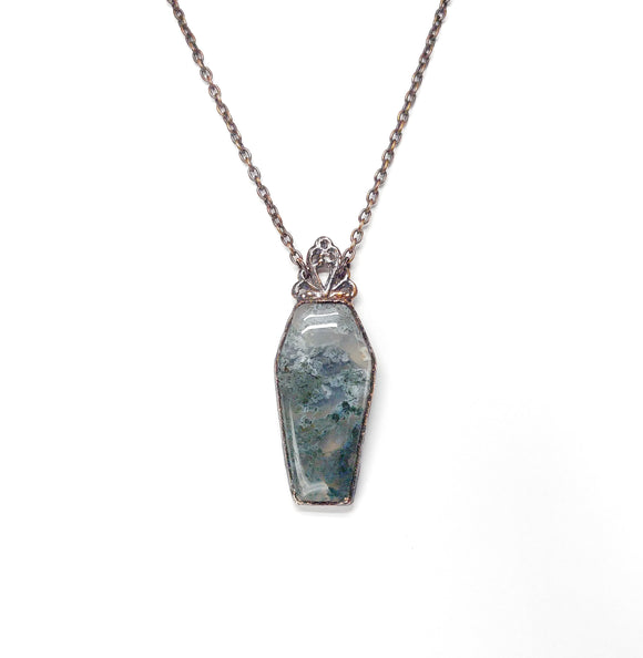 Moss Agate Coffin Copper Pendant with Moss Agate Beaded Chain
