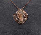 Ruby Ridge Plume Agate Coffin Elegant Filigree Pendant, plume agate cab 1 x 1 7/8 inch