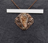 Ruby Ridge Plume Agate Coffin Elegant Filigree Pendant. 2 1/4 inches