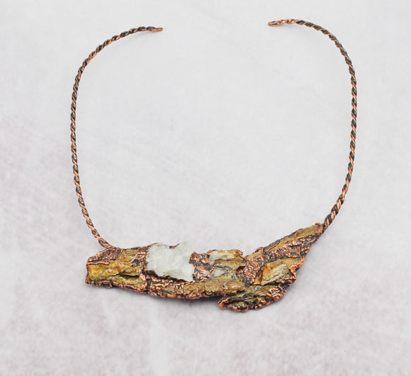 Tree Bark with Crystal Cluster Copper Neck Wire Statement Piece