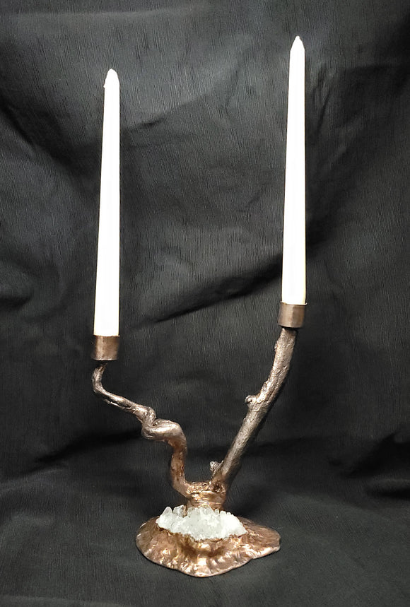 Driftwood Copper Candle Stick with Crystal Cluster