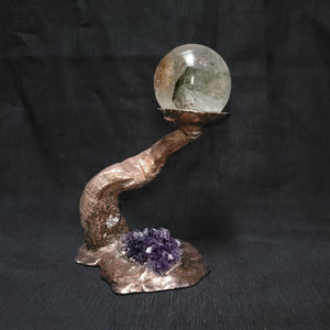 Copper Driftwood Sphere Holder with Amethyst Cluster