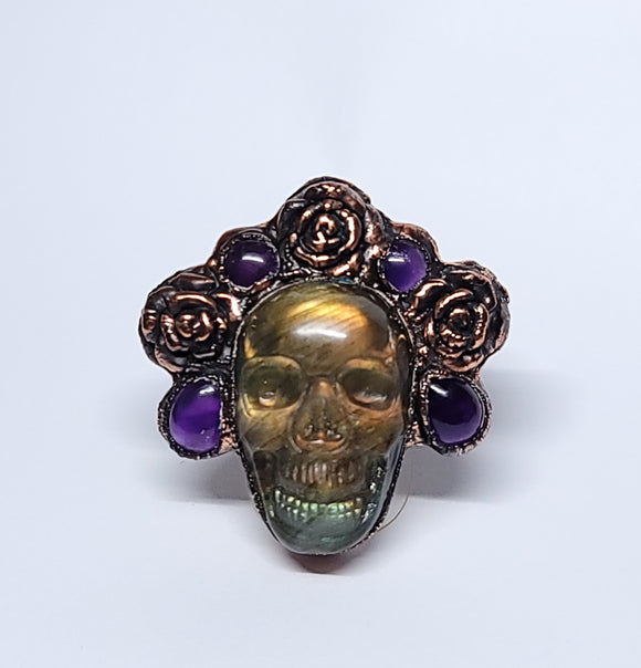 Labradorite Skull Ring with Amethyst and Flowers Crown Size 8