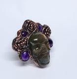 Labradorite Skull Ring with Amethyst and Flowers Crown Size 8