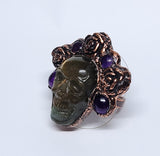 Labradorite Skull Ring with Amethyst and Flowers Crown Size 8