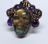 Labradorite Skull Ring with Amethyst and Flowers Crown Size 8