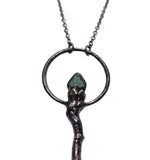 Copper Tree Limb Broom Pendant with Kyanite and Vintage Green Glass