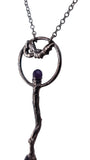 Copper Tree Limb Broom Pendant with Black Kyanite Fan, Amethyst and Bats