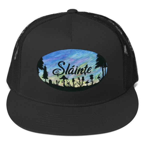 Slainte Mushroom Village Watercolor Painting Trucker Cap