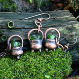 Tiny Copper Cauldron Pendant and Earrings Set with Diopside Chips