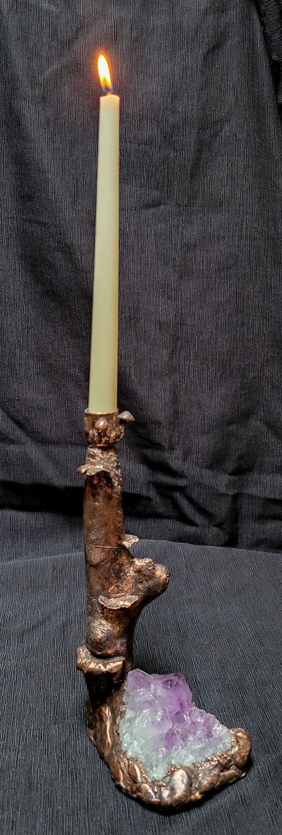 Driftwood Candle Holder with Amethyst Cluster and Sculpted Mushrooms
