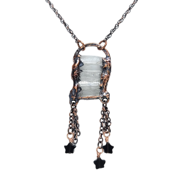 Tiny Elegance Quartz Crystal Pendant with Obsidian Star Dangles