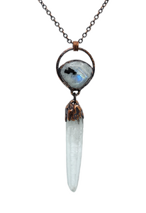 Tourmalated Rainbow Moonstone Pendant with Lemurian Crystal Point