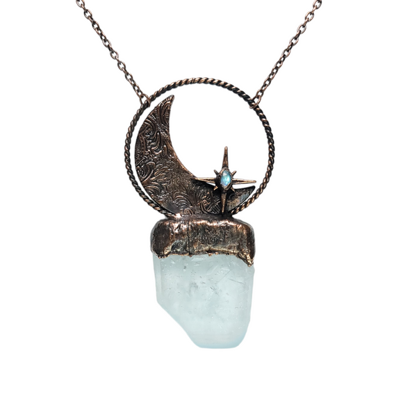 Crystal Point Pendant with Embossed Crescent Moon and Labradorite