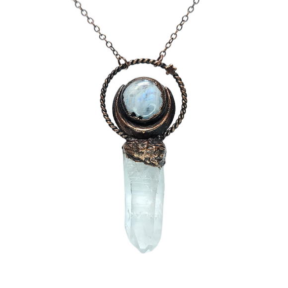Full Moon Goddess Pendant with Tourmalated Moonstone & Quartz Crystal