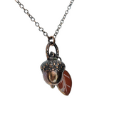 Copper Acorn Pendant with Carnelian Carved Leaf
