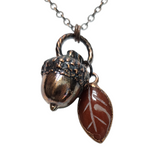 Copper Acorn Pendant with Carnelian Carved Leaf