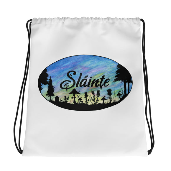 Slainte Mushroom Village Watercolor Painting Drawstring bag