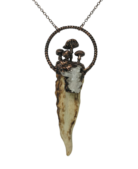 Deer Antler Copper Pendant with Crystal Cluster and Sculpted Mushrooms