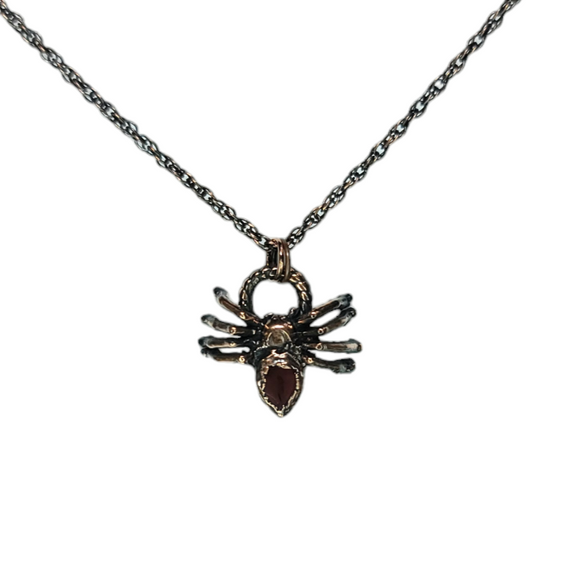 Tiny Copper Spider Pendant with Garnet