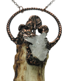 Deer Antler Copper Pendant with Crystal Cluster and Sculpted Mushrooms
