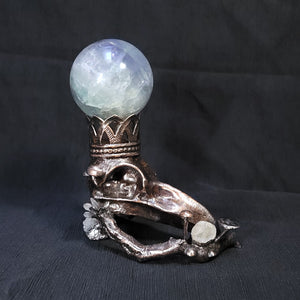 Crowned Raven Skull Copper Sphere Holder with Crystals