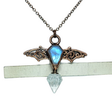 Filigree Bat Pendant with Moonstone Coffin and Tear Catcher Bottle