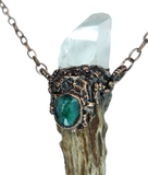 Large Deer Antler Copper Pendant with Crystal Point Faceted Emerald