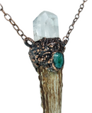 Large Deer Antler Copper Pendant with Crystal Point Faceted Emerald