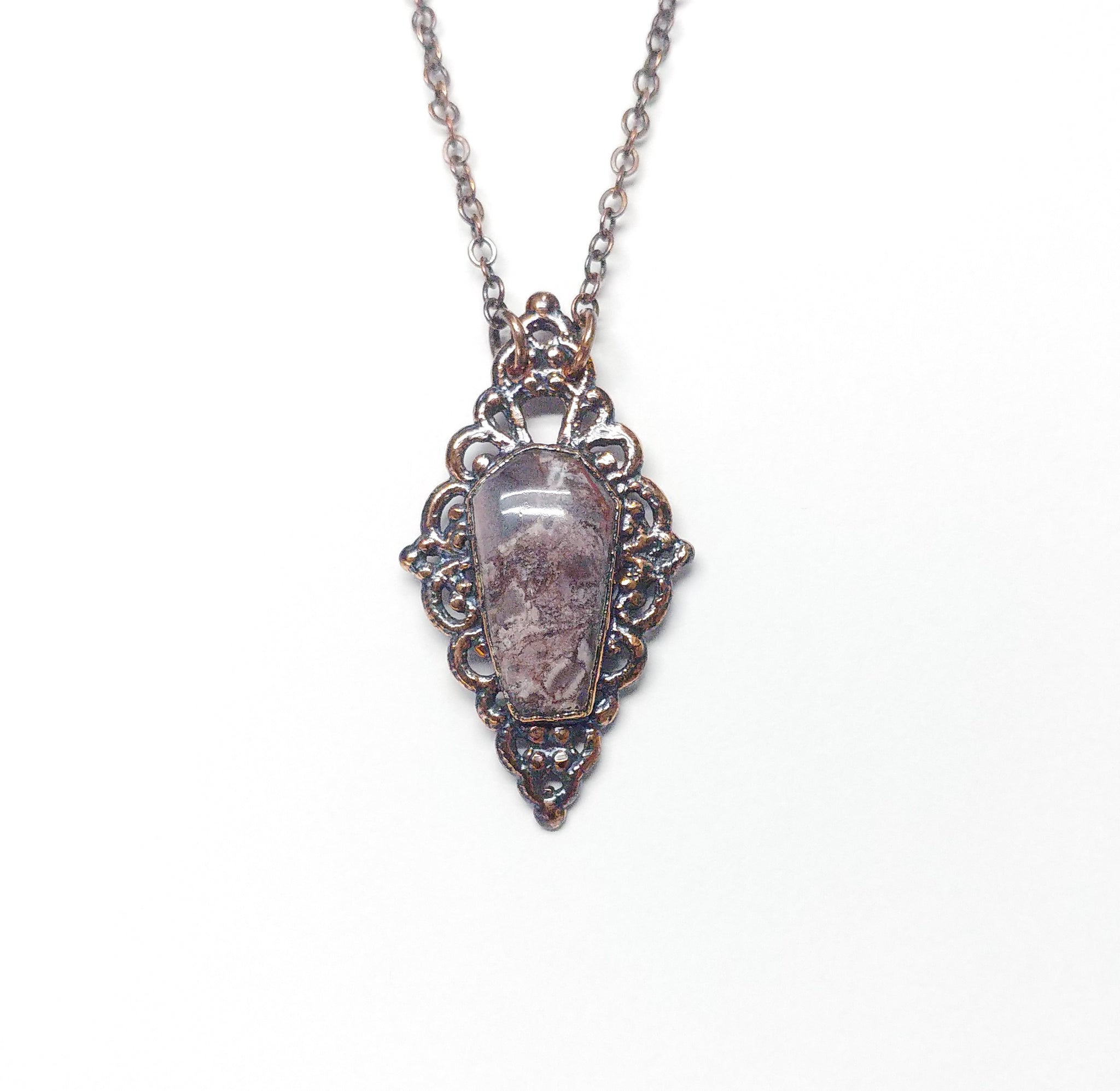 Filigree with Sci-Fi Jasper Coffin Copper Pendant with Garnet