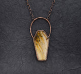 Large Petrified Wood Coffin Statement Necklace, faceted coffin 1 1/2 x 2 3/4 inches