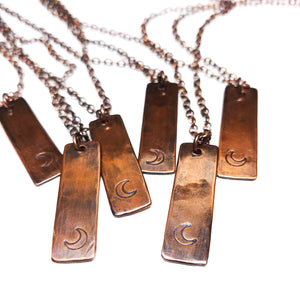 Crescent Moon Hand Stamped Copper Strip Necklace