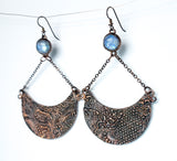 Embossed Crescent Moon Copper Earrings with Rainbow Moonstone