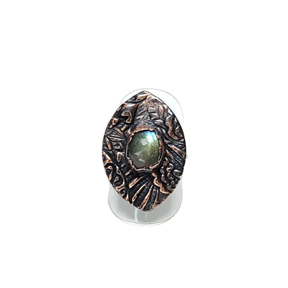 Embossed Copper Ring with Labradorite Size 8 1/2